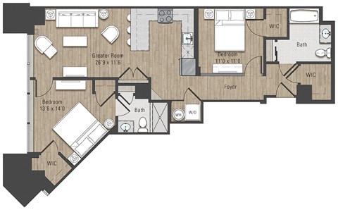 Floor plan for 2 beds, 2 baths, 1025 sqft